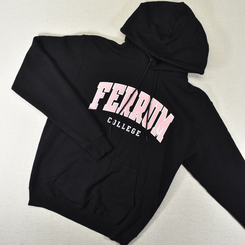 Champion Ferrum College Hoodie Sweatshirt Mens Medium Black Pink Arch Logo